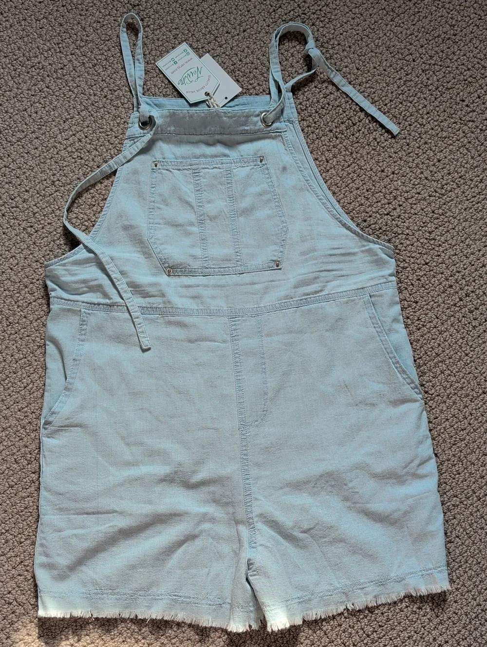 Light Wash Denim Short Overalls Raw Edge Hem Adjustable Ties New In